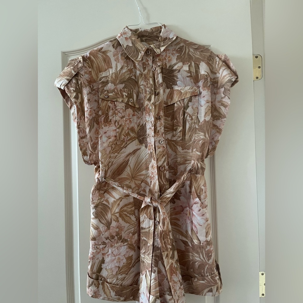 Zimmermann Floral Tie-Waist Short Sleeve Romper in Beige and Cream